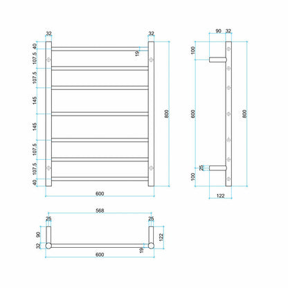 ThermoGroup 600x800x122mm 12V Straight Round Ladder Heated Towel Rail 7 Bars Variant Colour Available