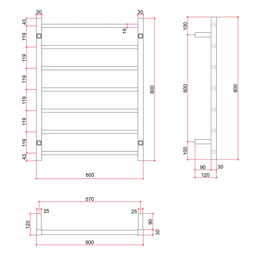 ThermoGroup 600x800x120mm 12V Straight Square Ladder Heated Towel Rail 7 Bars   Steel