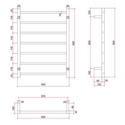 ThermoGroup 600x800x120mm 12V Straight Square Ladder Heated Towel Rail 7 Bars   Steel