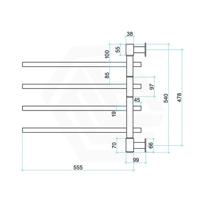 ThermoGroup Thermorail 600x540x99mm 240V Straight Square Swivel   Steel Heated Towel Rail 4 Bars