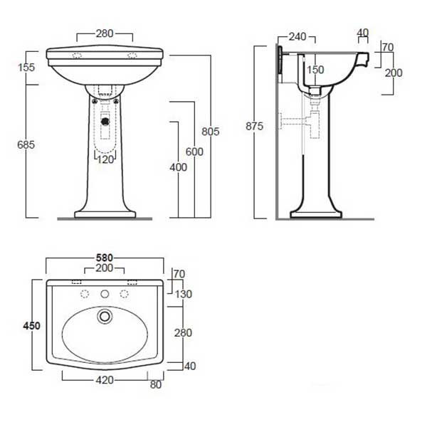 Turner Hastings Claremont 580mm Wall Hung Basin & Pedestal