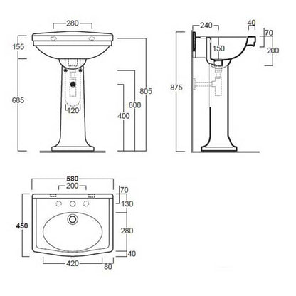 Turner Hastings Claremont 580mm Wall Hung Basin & Pedestal