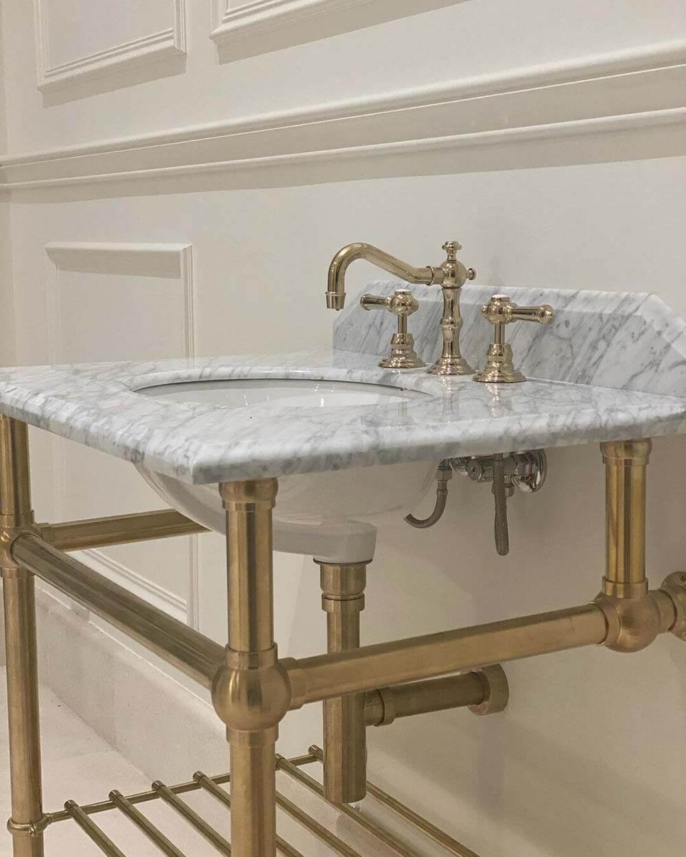 Mayer Basin Stand With 75 x 55 Real Carrara Marble Top - Brushed Brass