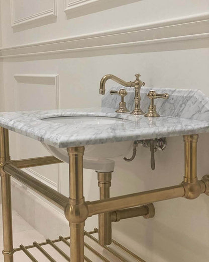 Mayer Basin Stand With 75 x 55 Real Carrara Marble Top - Brushed Brass